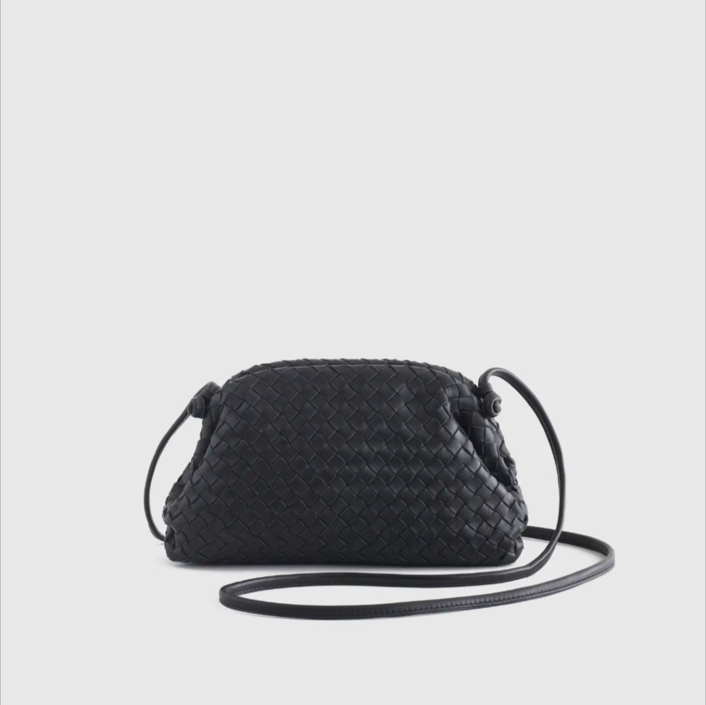 Quince Black Italian Leather Handwoven Pouch Crossbody Clutch